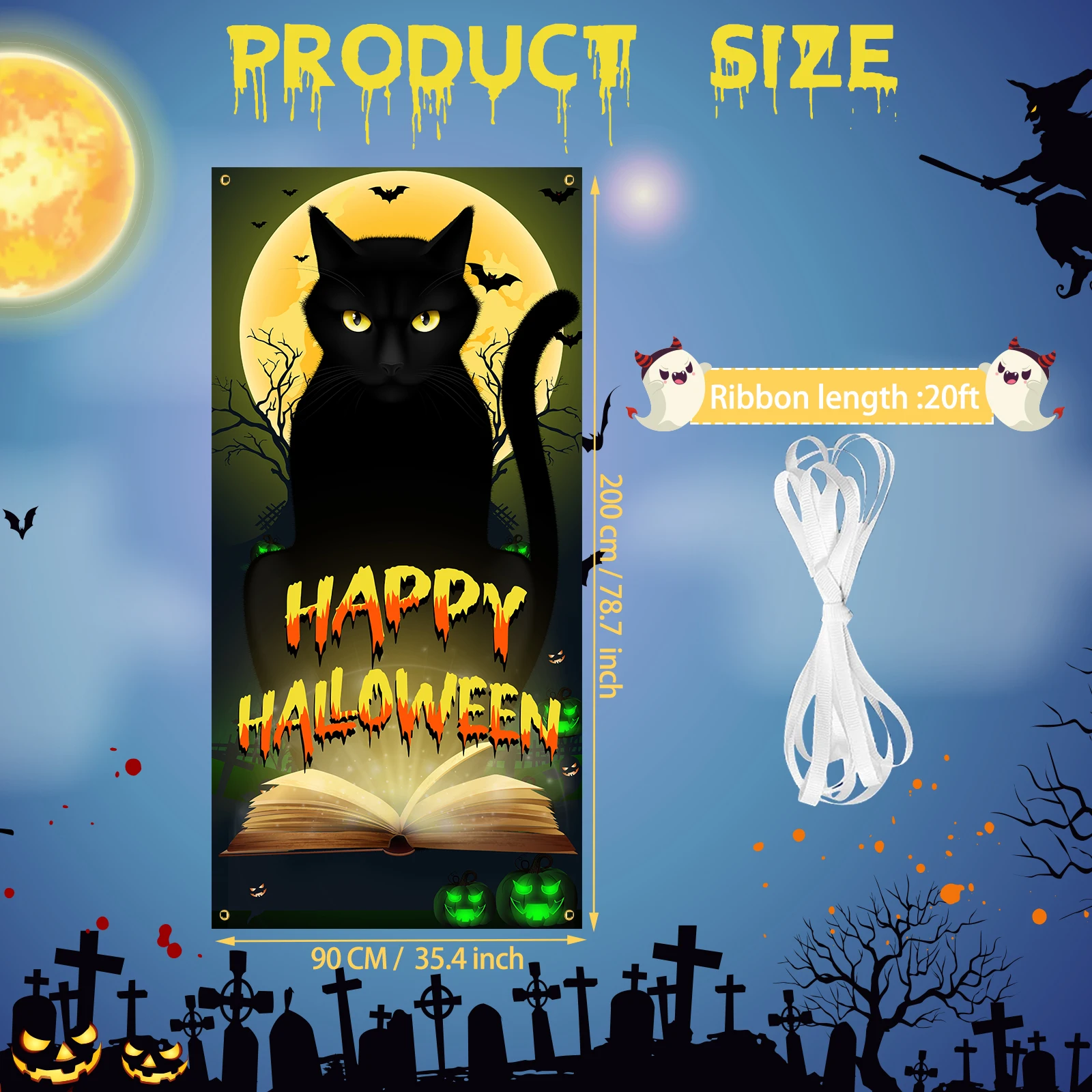 Halloween Black Cat Door Banner, Scary Cat Halloween Door Cover Halloween Door Decorations Trick or Treat Halloween Party Banner