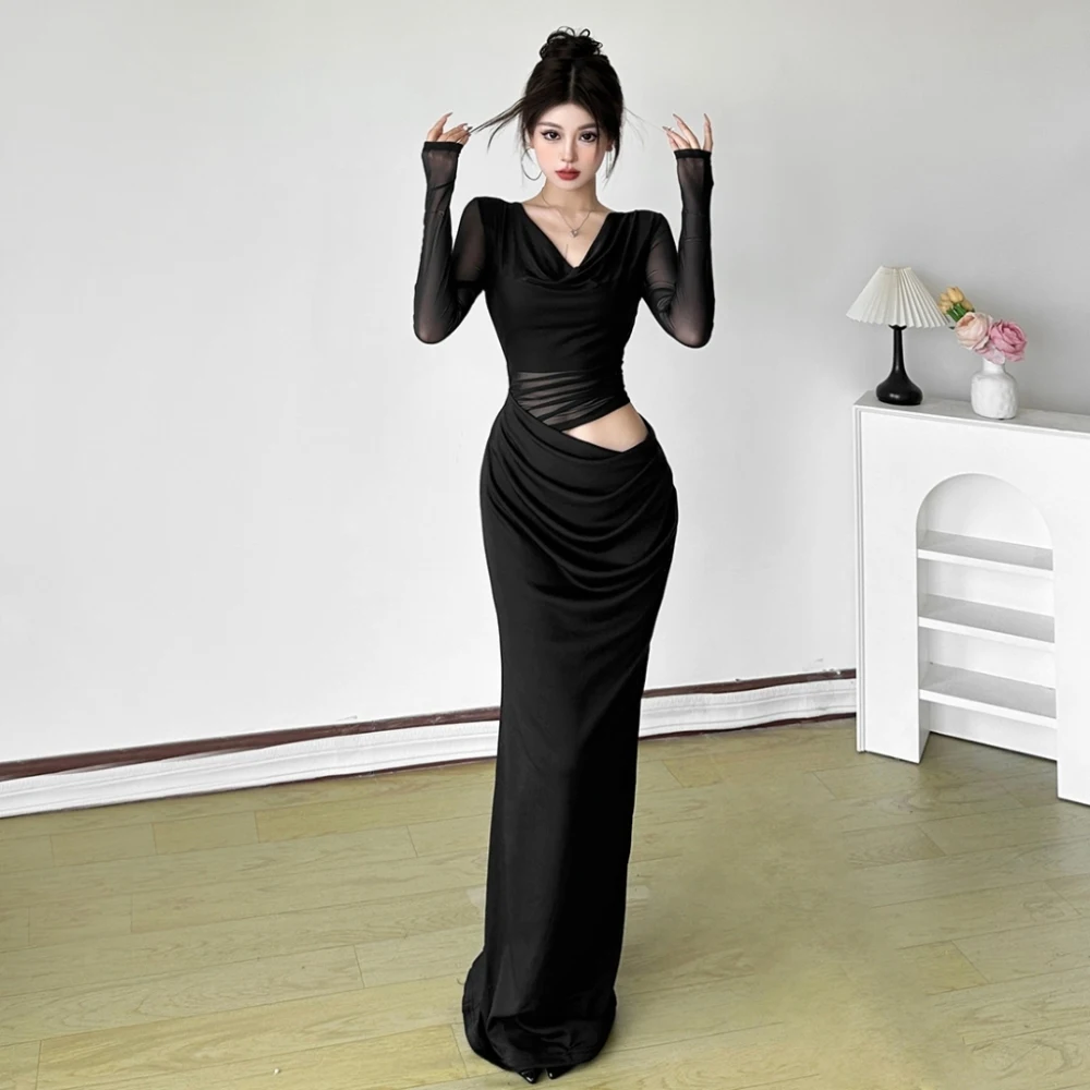 فساتين طويلة أنيقة مكشكشة من SylCue للسيدات، رقبة منخفضة وأكمام طويلة، تصميم مجوف بدون خصر، تصميم عصري غير رسمي