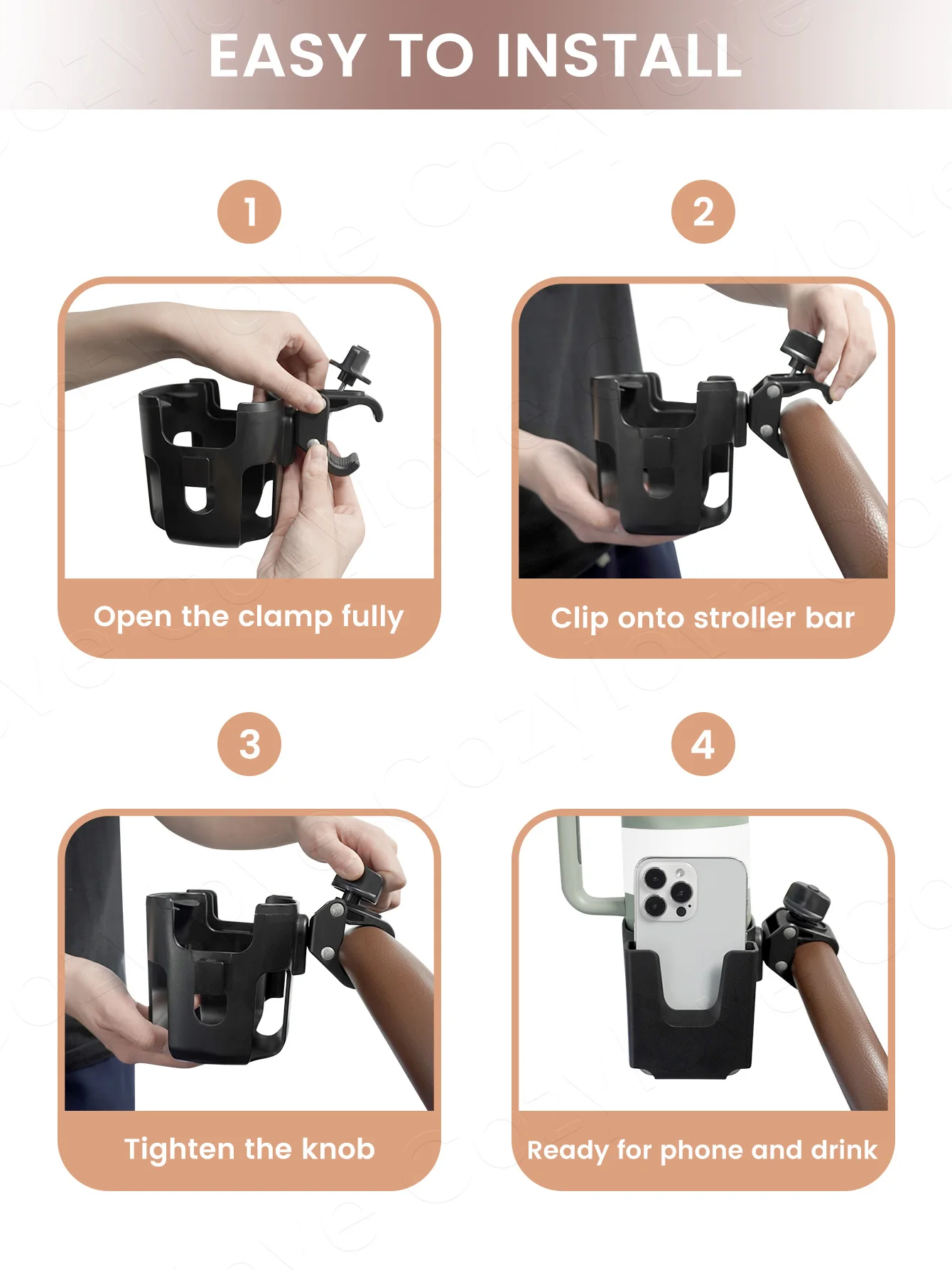 Porte-gobelet de poussette de grande taille avec fente pour téléphone, amovible et 360 °   Rotation pour la plupart des chariots, marcheurs et vélos