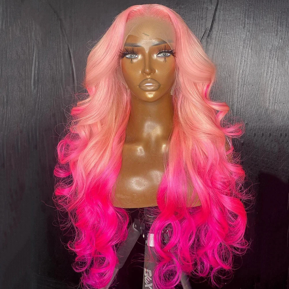 Parrucca anteriore in pizzo sintetico trasparente di colore rosa Ombre da 26 pollici Drag Queen Loose Wave Highlight Cosplay Glueless parrucche in pizzo da donna