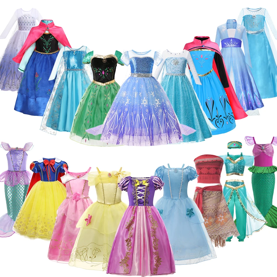 

Frozen Anna Elsa Cosplay Costumes Girls Princess Rapunzel Snow White Mermaid Belle Cinderella Dress Kids Halloween Party Clothes