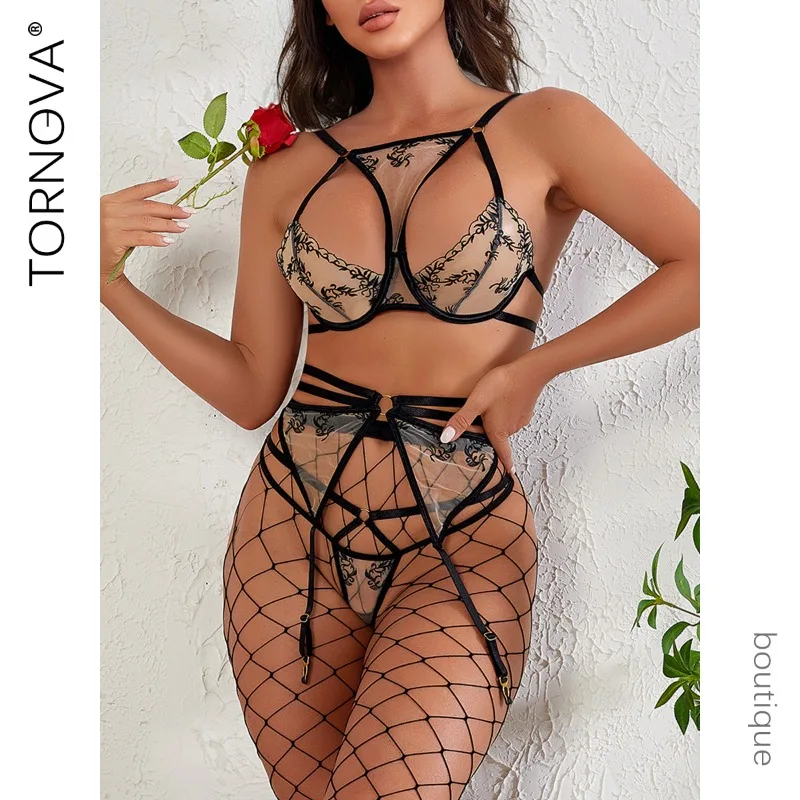 

Сексуальный сетчатый комплект нижнего белья Tornova, прозрачная спинка, полый дизайн с сетчатыми чулками, соблазнительное женское нижнее белье из четырех предметов, новинка