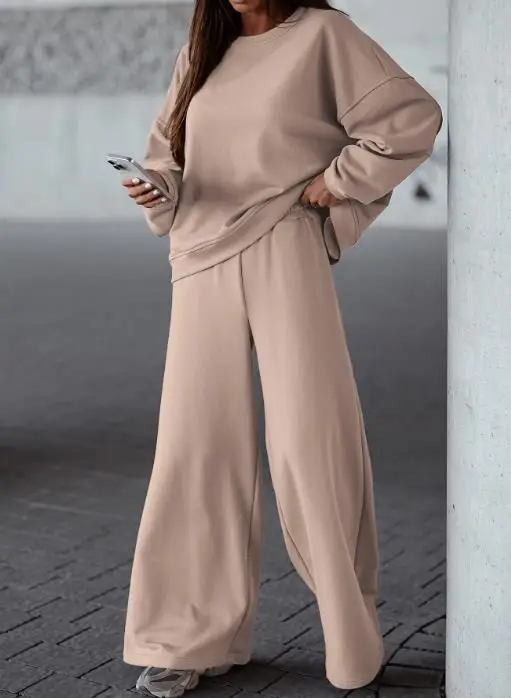 

Spring New Women's 2-Piece Daily Casual Style Solid Color Simple Round Neck Loose Long Sleeve Top High Waist Wide Leg Pants Set