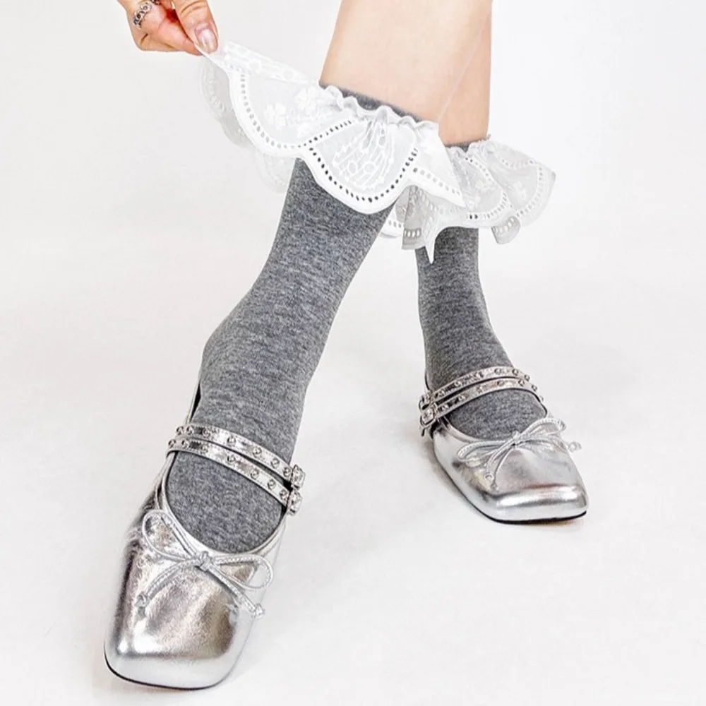 

Korean Fashion Ballet Style Ruffle Socks Mid Tube White Embroidered Women Hosiery Lotus Leaf Shape Cotton Short Sock Lady