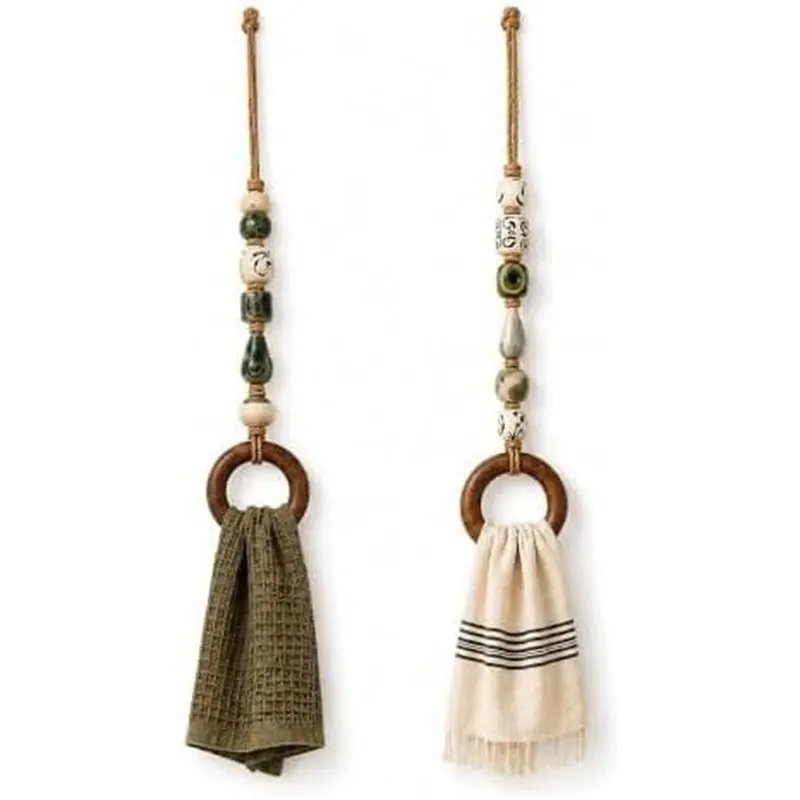 GYTB-For Bathroom And Kitchen Decor Wooden Bead Hanging Rack 2 Pack Decorative Beaded Towel Hanger With Wooden Ring