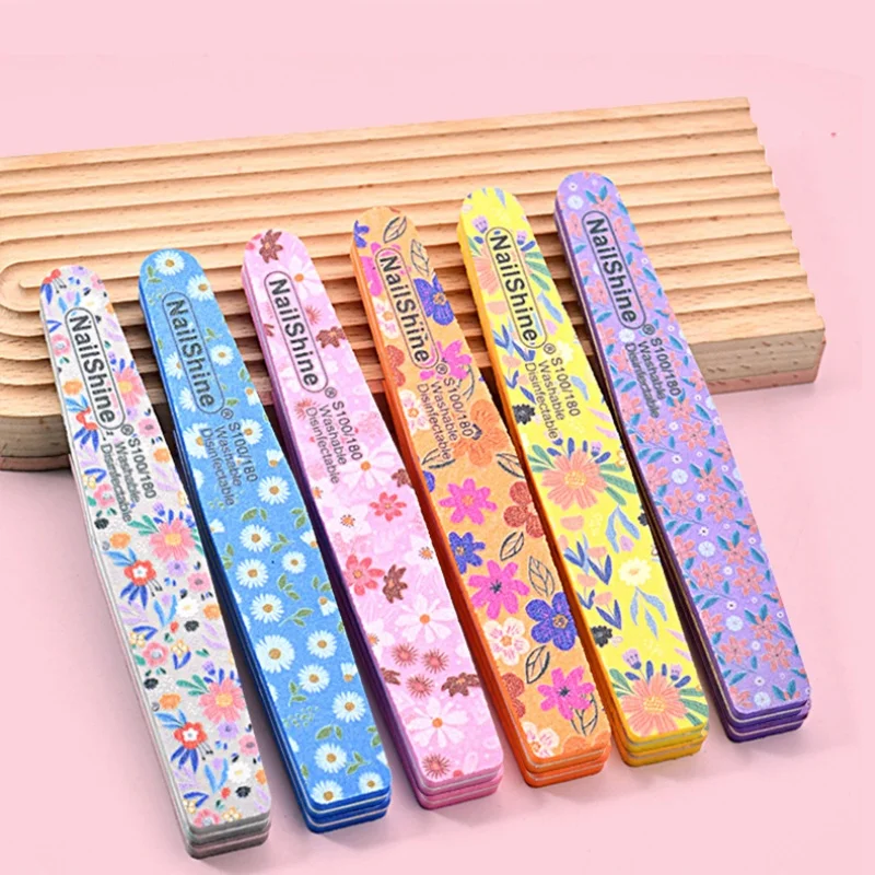 

10 шт., моющаяся двусторонняя пилочка для ногтей с цветочным принтом, 100/180, шлифовальная полоска, полировальные пилочки, губка, профессиональный инструмент для ногтей