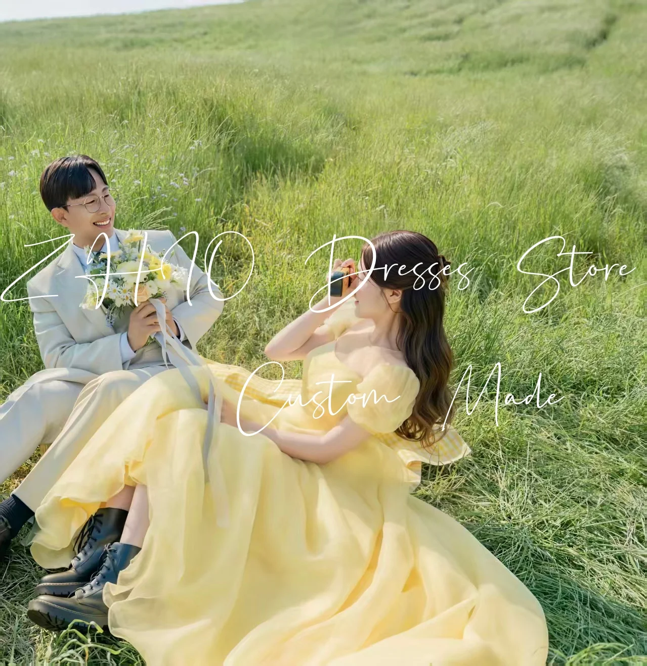 ZHIO Pastrol Lemon Organza Wedding Party Dress Short Puff Sleeves Korea Photo Shoot Bridal Reception Gown Customized웨딩드레스