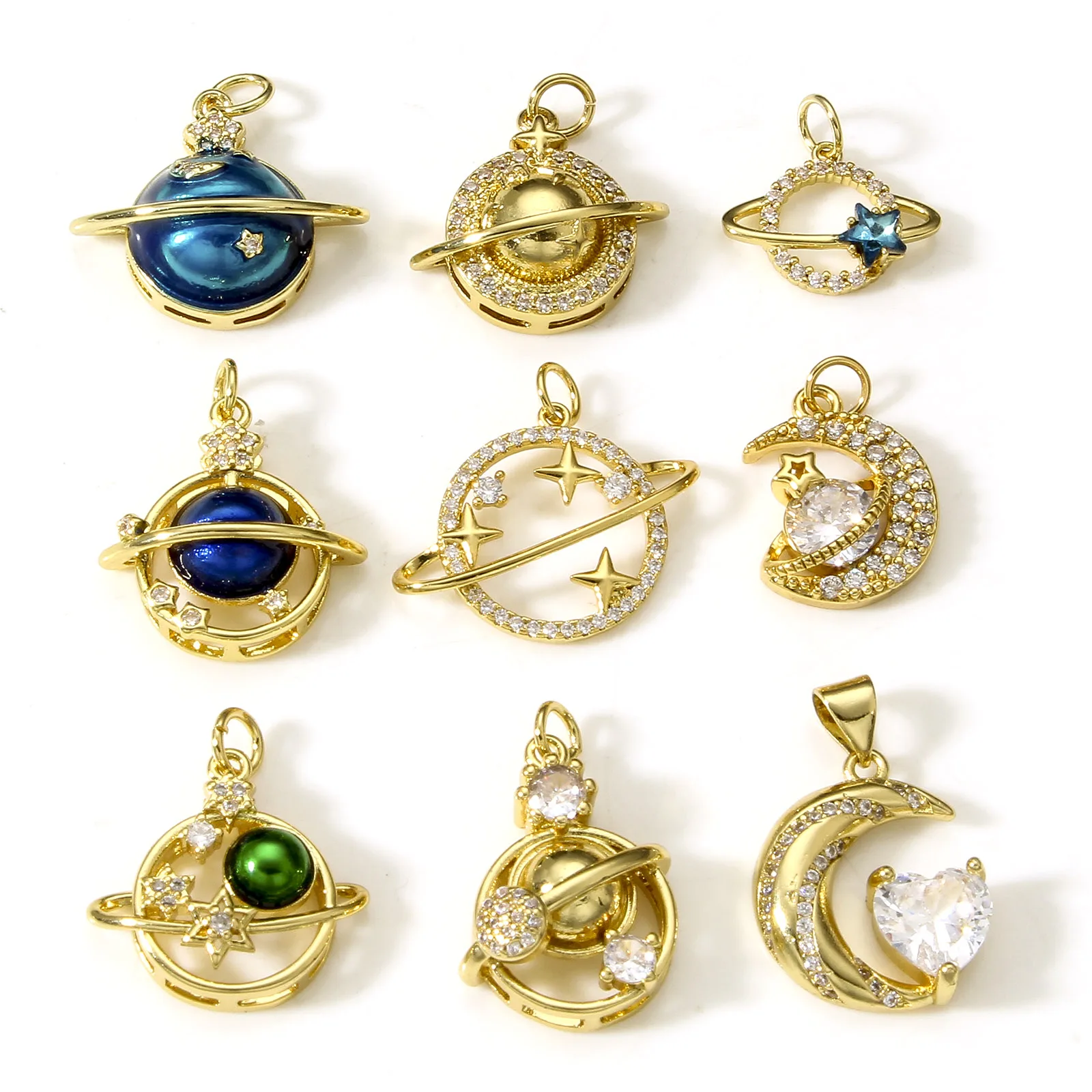 Copper Galaxy Planet Charms High Quality 18K Gold Plated Clear Cubic Zirconia Charms Pendants for DIY Necklace Earrings 1 Piece