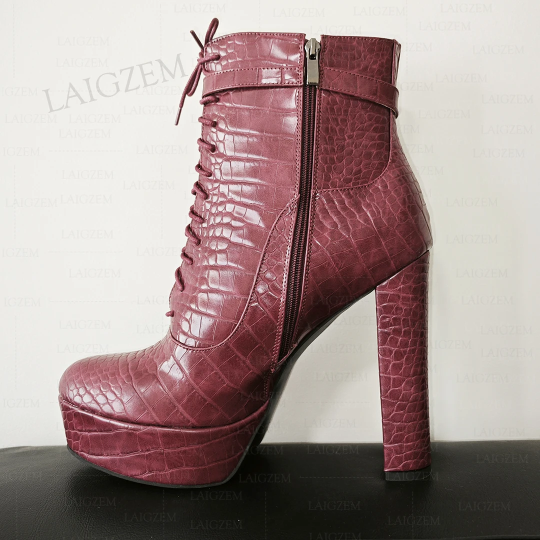 

LAIGZEM Women Ankle Boots Platform Zip Up Thick High Heels Crocodile Print Short Booties Ladies Shoes Woman Large Size 41 45 52