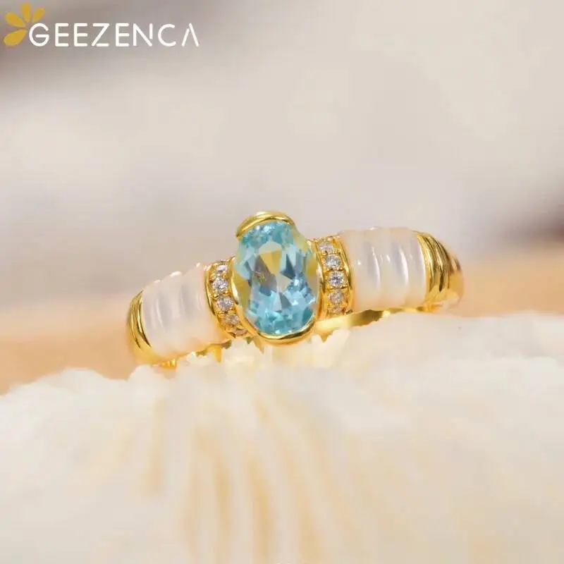 GEEZENCA Natural Topaz 925 Sterling Silver White Mother of Pearl Zircon Ring For Women Blue Stone French Chic Rings 2024  Gift