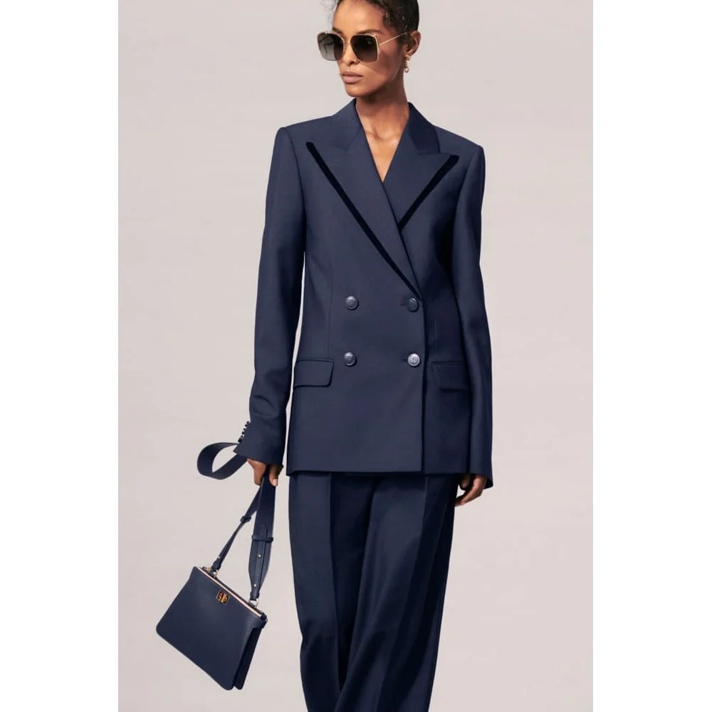 Women Suits 2 Piece Solid Color Double Breasted Peak Lapel Suit Fashion Long Sleeves Casual Daily Pants Sets (Blazer+Pants)