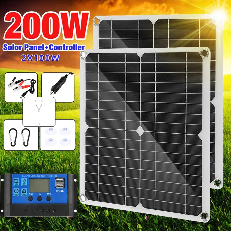 200W Solar Panel Kit With 60A Controller DC 18V Portable Solars Power Charger for Bank Battery Camping Car Boat RV Sola Plate