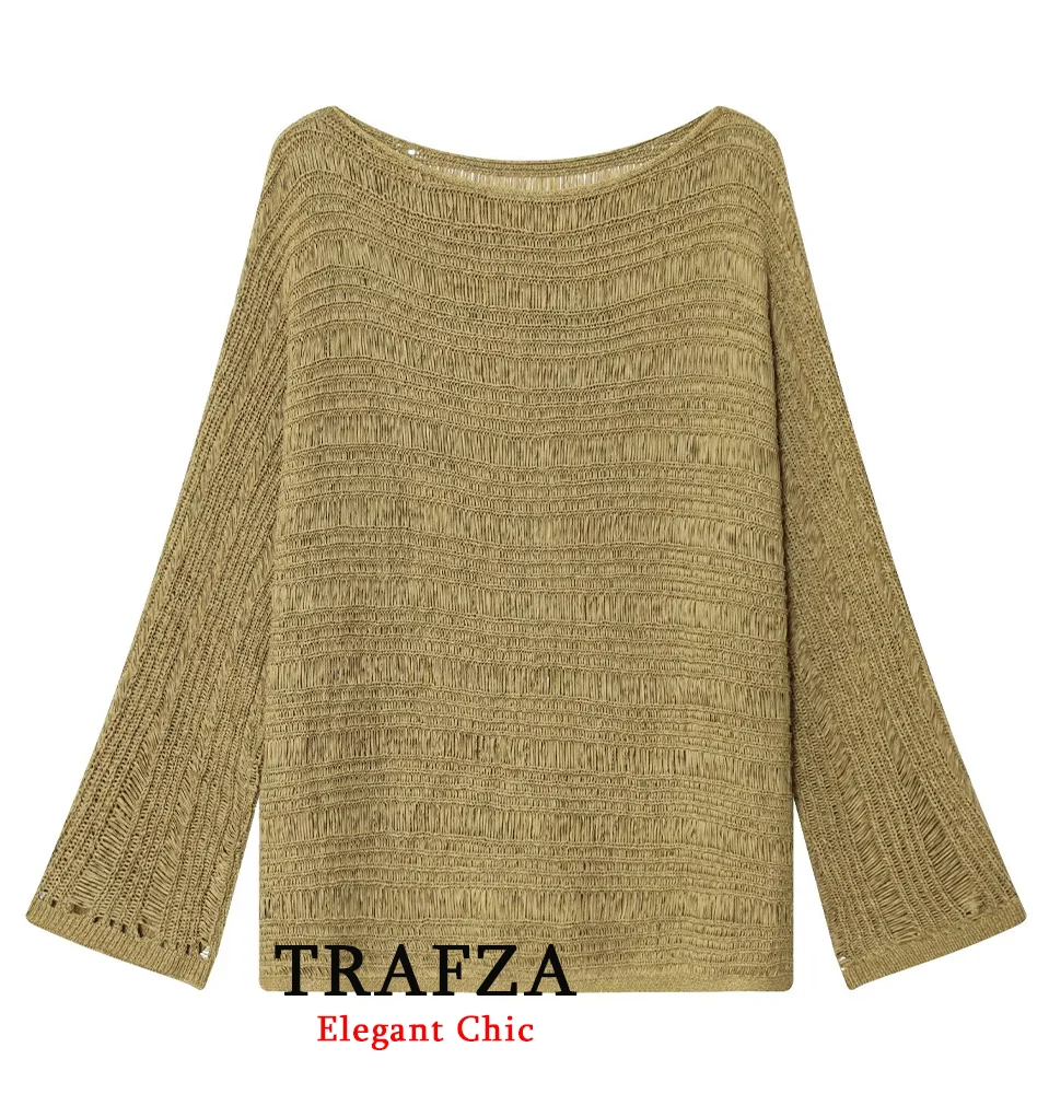 

TRAFZA Women Vintage Casual Sweater O-Neck Loose Pullover Knitted Tops 2025 Spring Fall Fashion Elegant Minimalist Lady Sweater