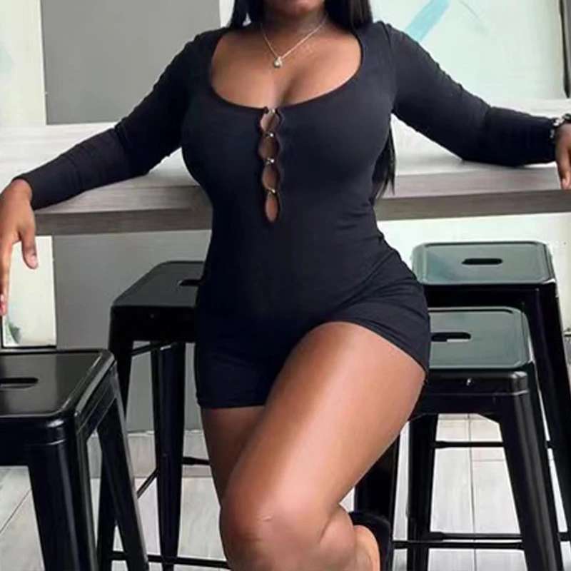 

OMSJ Solid Color Basic Hollow Out Tight Fit Long Sleeve Round Collar Spring Autumn Casual Sexy Women's Playsuits Active Jumpsuit