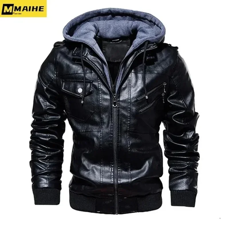 

Winter High Quality Men's Leather Jacket Motorcycle Hooded Jacket Male Warm Casual PU Leather Coat Fleece Men's Coats Clothing