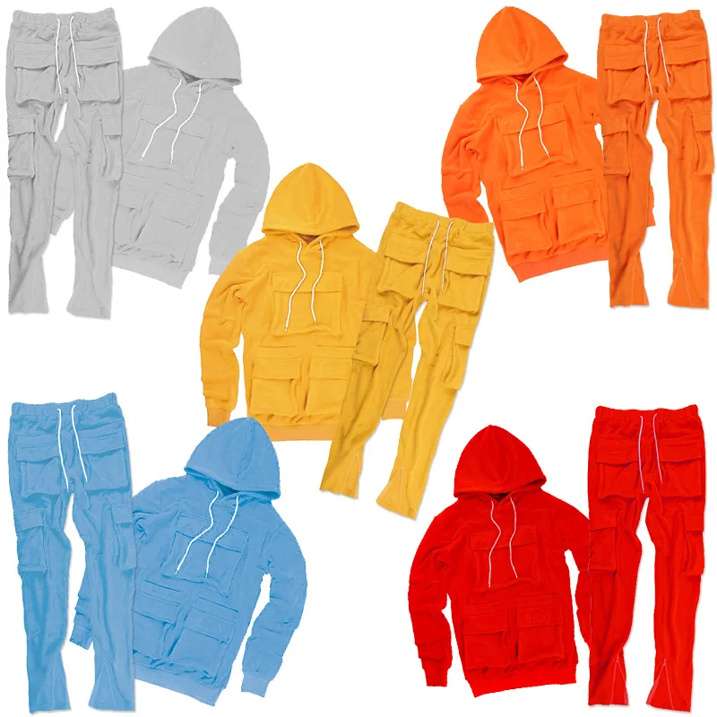 Top Fashionable Multi Pockets Fall Men Two Piece Cargo Outfits Hoodies Set Sweatsuit Joggers Men Tracksuit Street Wear