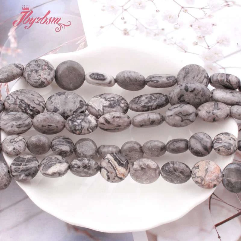 Natural Gray Map Jasper Coin Oval Beads Loose Natural Stone Beads For DIY Jewelry Making Necklace Bracelet Strand 15\