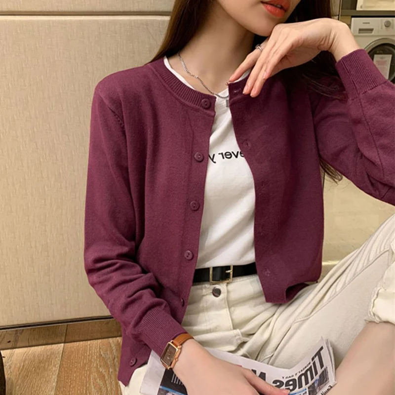 Rimocy Women\'s Round Neck Cardigan Sweater Lightweight Long Sleeve Knitted Cardigans Woman Solid Color Button Up Jumper Jacket