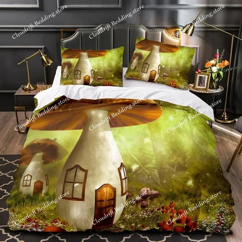 

3D Mushroom Fairy Forest Duvet Cover Magic Lilliputian Fungus Plant Bedding Set Fantasy Garden Polyester Comforter Cover026