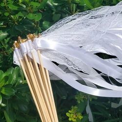 White Ribbon Wands Fairy Sticks Wedding Twirling Lace Streamers With Golden Silver Bell Party Cheering Prop Favor for wedding