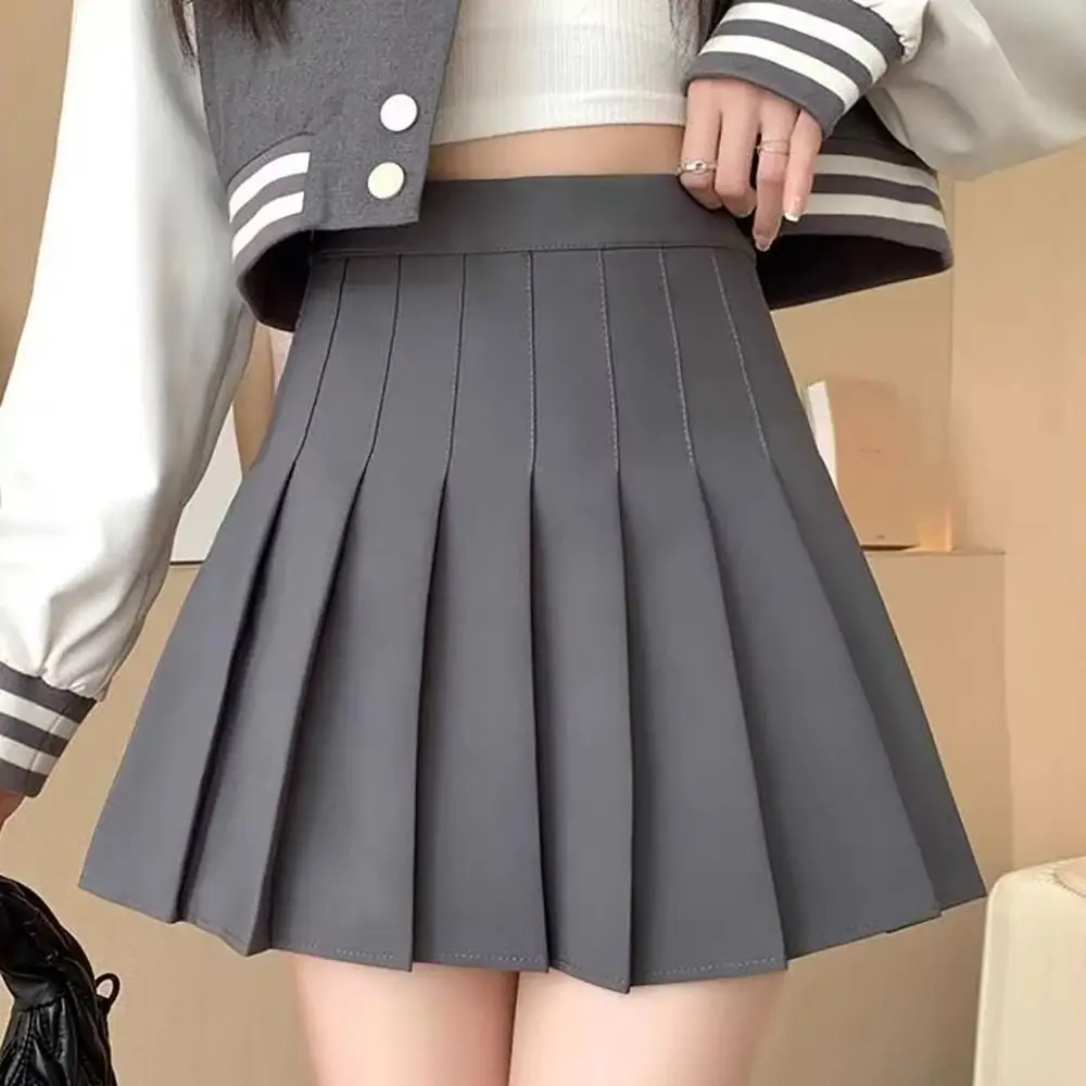 Neuer Preppy-Stil Plissierter Rock Einfarbig Übergröße Hochtaillierter Rock Minirock Schulmädchen – Detail 6