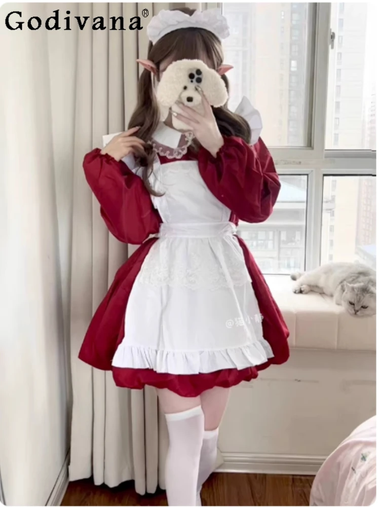 

L-5XL Large Size Red Lolita Christmas Cos Maid Cute Sweet Long Sleeve Women Dress Spring Lace Ruffles A-line Party Short Dresses