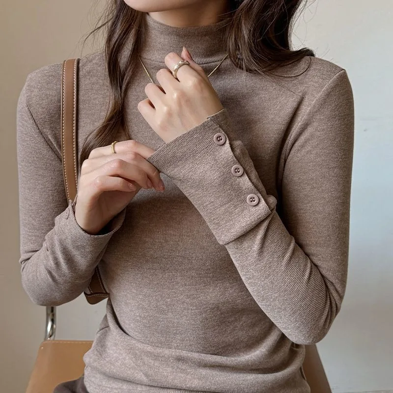 Womens Half Turtleneck Long Sleeve Top Button Cuff Ribbed Knit Slim Warm Layering Blouse