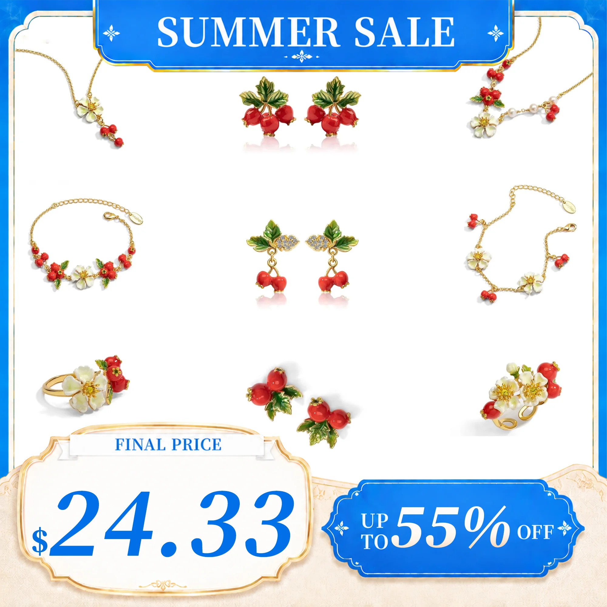 

Juicy Grape Hawthorn Blossom Enamel Jewelry Set Bracelet Necklace Earrings Ring Exquisite Floral High Jewelry Gift for Women