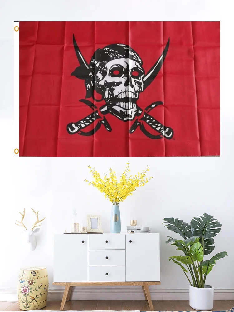 90*150cm Red Caribbean Jolly Roger Pirate Flag with Brass Grommets