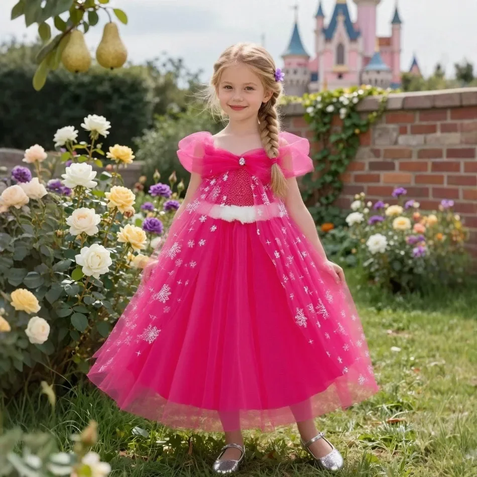 Girls Hot Princess Dress Flutter Bow Shoulder Snowflake Print Tulle Tutu Gown Kids Elegant Cosplay Party Performance Dress ZD36