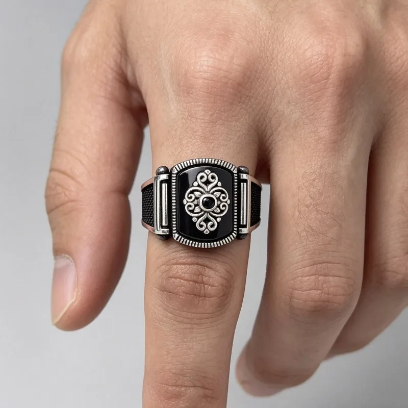 Retro men's ring with black background, white pattern totem, wide face ring, punk style, domineering fashion accessory