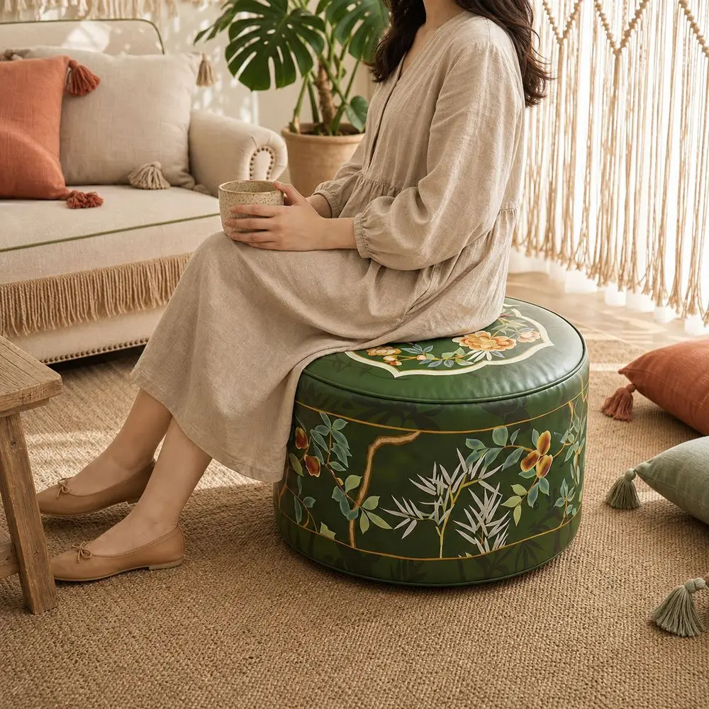 New Boho Pattern Ottoman Pouf Green Fillable Design Storage Ottoman PU Leather Water Resistant Round Pouf Cover Living Room