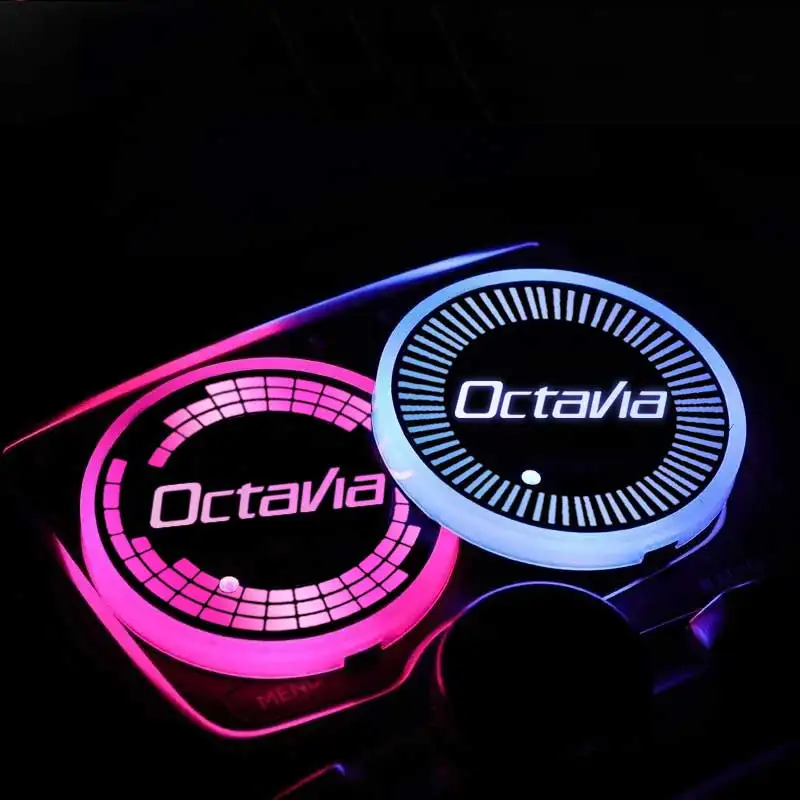 Colorful Auto Cup Slot Light Mats for Skoda OCTAVIA Logo USB Charging LED Car Coaster Atmosphere Light Decoration