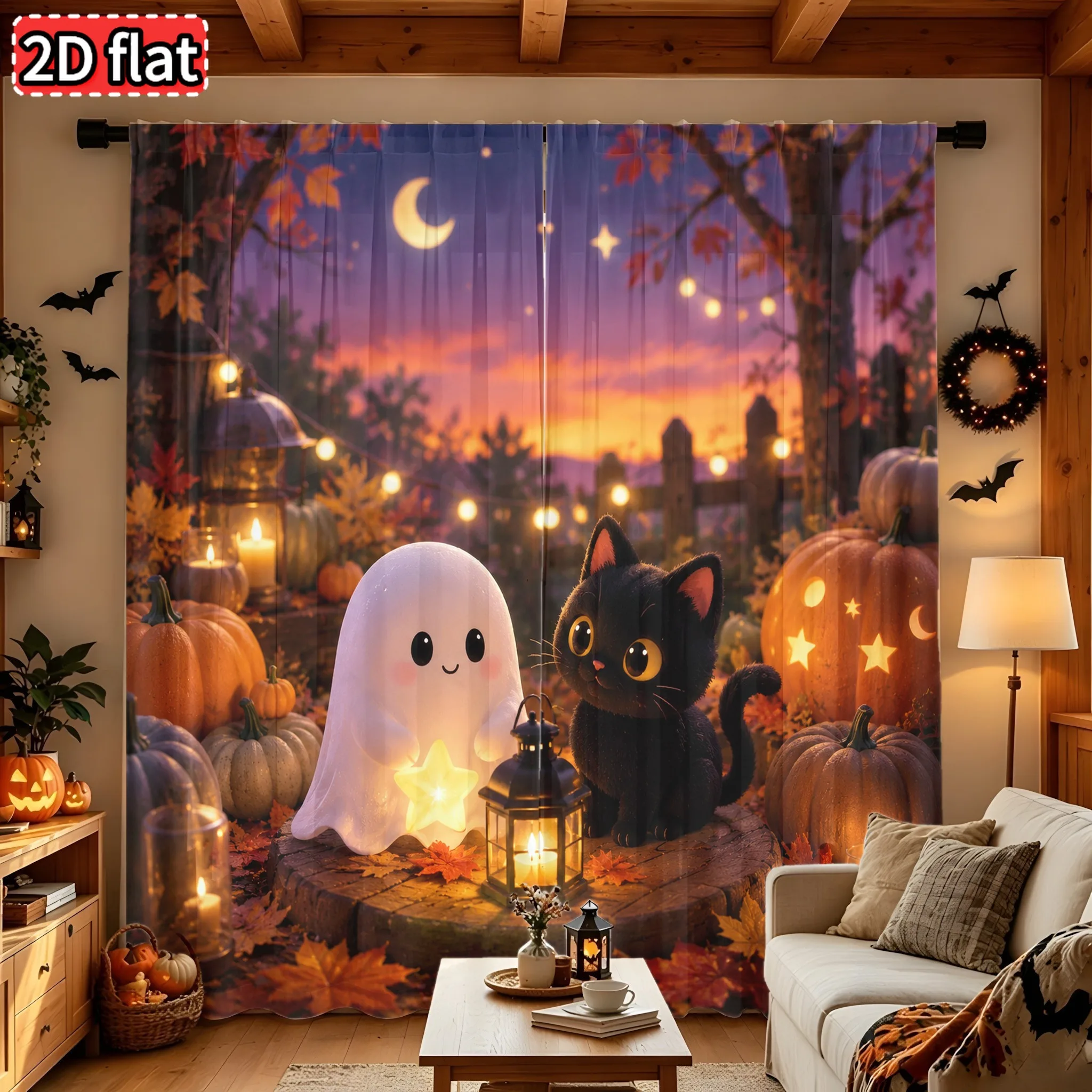 2PCS Digital Print Curtains, Cute Ghost Black Cat Sunset, Halloween