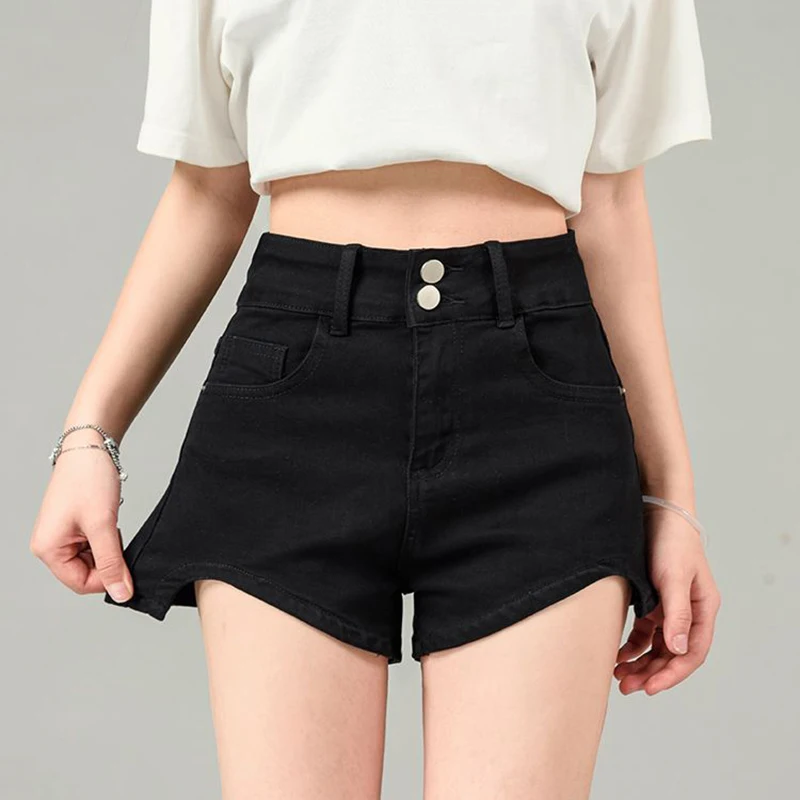 Summer Lady Double Button Slim Fit Jeans Hot Sale Classic Girls High Waist Short Pants Women Solid Thin A-Line Denim Shorts