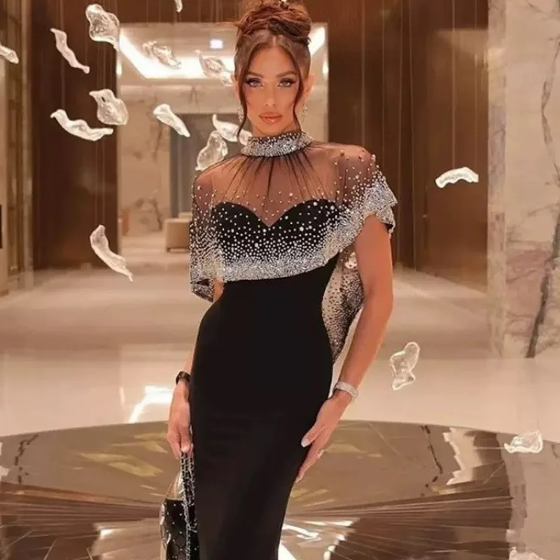 Recién llegado, vestido negro sin tirantes con capa transparente de diamantes de imitación de estilo francés, vestido de noche de fiesta elegante a la moda