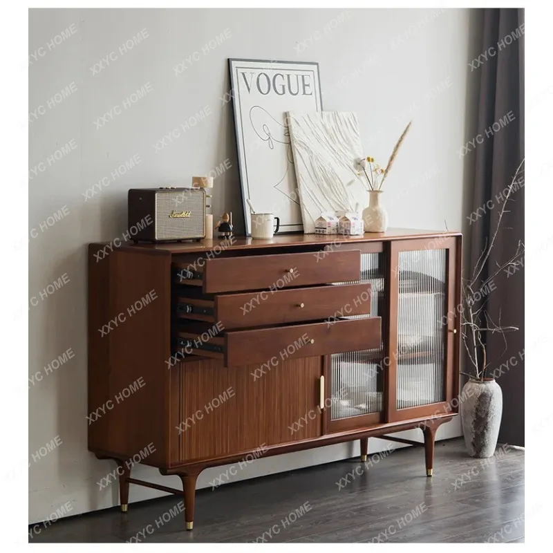 XXRetro Sideboard Cabinet Solid Wood Simple Walnut Color Storage Entryway Full Solid Wood Chest of Drawers