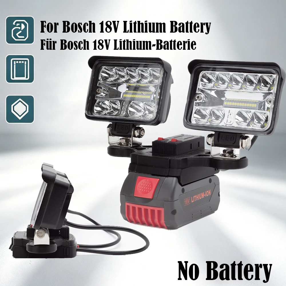 Tragbare LED-Arbeitsleuchte, kompatibel mit Bosch 2,0Ah 18V BAT609 Lithium-Ionen-Akku mit USB-Anschluss, Outdoor-Notbeleuchtung für Werkstatt, Camping, kabellose, drehbare Doppelkopflampe (ohne Akku)