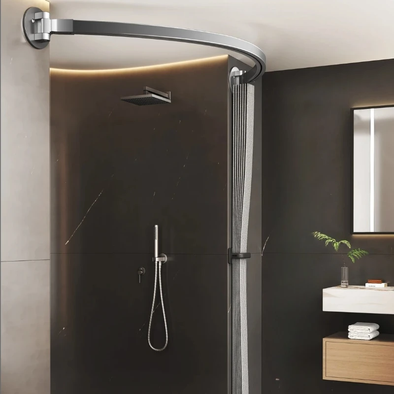 ‌Curved Folding Shower Rod - No-Drill Waterproof Liner, Anti-Mold Dry/Wet Screen, Space-Saving Magnetic Privacy for Bathroom