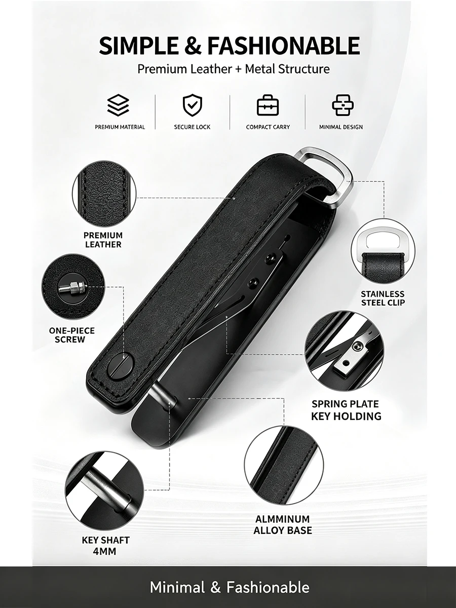 Tragbarer Multifunktions-Leder-Schlüsselhalter Aluminium-Schlüsselorganizer-Clip Langlebiger Taschen-Schlüsselanhänger für Standardschlüssel – Detail 1