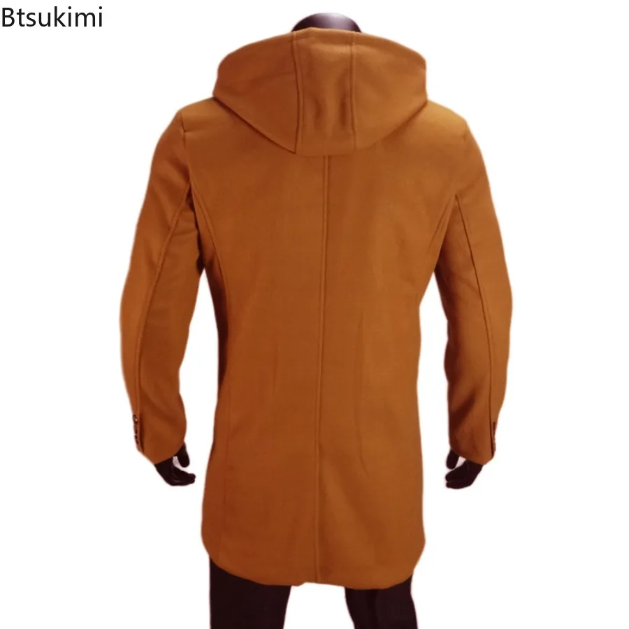 New 2025 Men's Autumn Winter Warm Woolen Jackets Fake Two Pieces Hooded Trench Coats Single Breasted Windbreaker Jackets Male