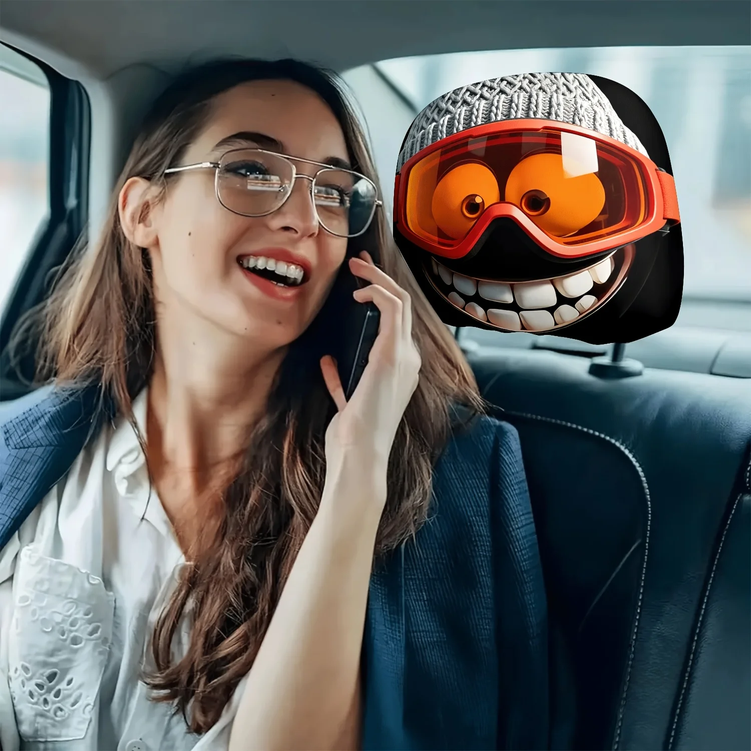 The Winter-Themed Printed Patterns of 2pcs Red-Orange Goggles And Knitted Hats for Car Seat Cushions, Headrests, And Neck Pill view 5