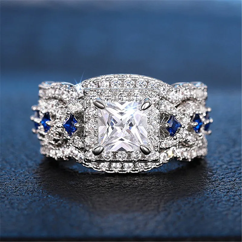 3 pz/set 925 anelli in argento sterling taglio principessa blu CZ set di gioielli per feste di fidanzamento di nozze di lusso per le donne accessorio di moda