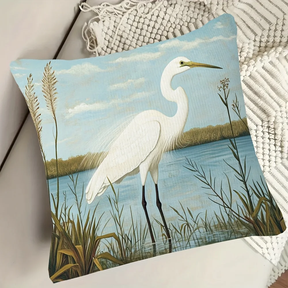 Realistic Great Blue Heron Pond Scene Throw Pillow Cover Coastal Nature Artwork for Living Room Decor