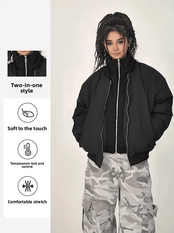 

New Couple's ort Thiened Cotton Jaet Stand Collar Fake Two-Piece Men's Warm Winter Coat Stand Fit Zipper Closure