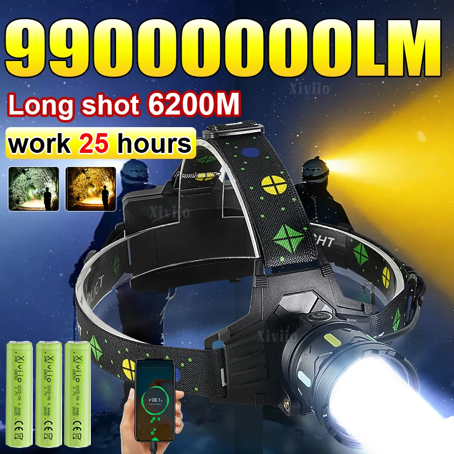 

Сверхъяркий светодиодный налобный фонарь 990000000LM, перезаряжаемый через USB, мощный налобный фонарь для рыбалки, кемпинга, охоты на открытом воздухе