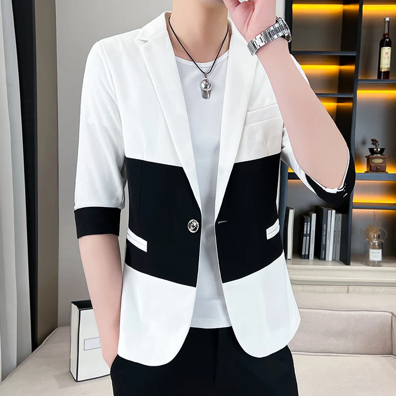 

New Men's Summer Casual Slim Gentleman Business Wedding Fashion Trend Handsome Color Matching Blazer Print Sleeve Small Suit