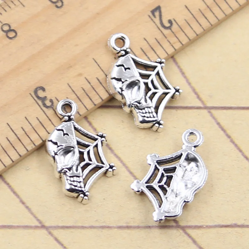 20pcs Charms Halloween Skull Skeleton Spider Cobweb 19x12mm Tibetan Silver Color Pendants Antique Making DIY Handmade Craft