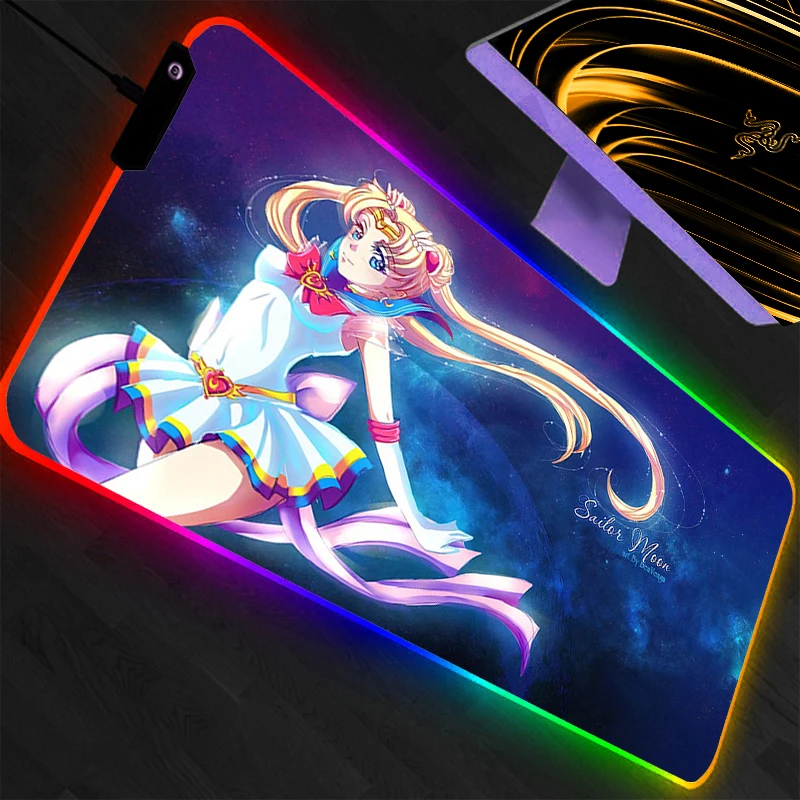 

LED Mouse Pad Sailor Moon Computer Keyboard Backlight Carpet Large Gaming Accessories RGB Mousepad PC Gamer Desk Mat Anime