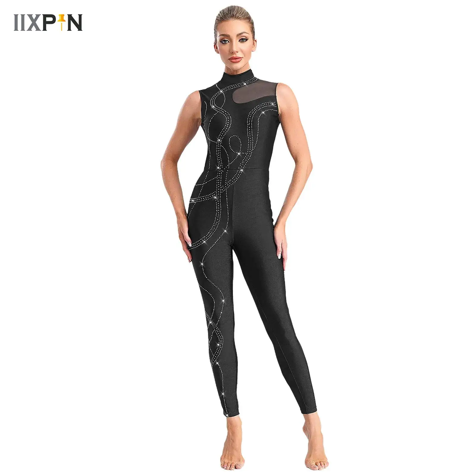 

Womens Shiny Rhinestones Gymnastics Jumpsuit Mock Neck Sleeveless Keyhole Back Sheer Mesh Patchwork Bodysuit Yoga Figure Skating